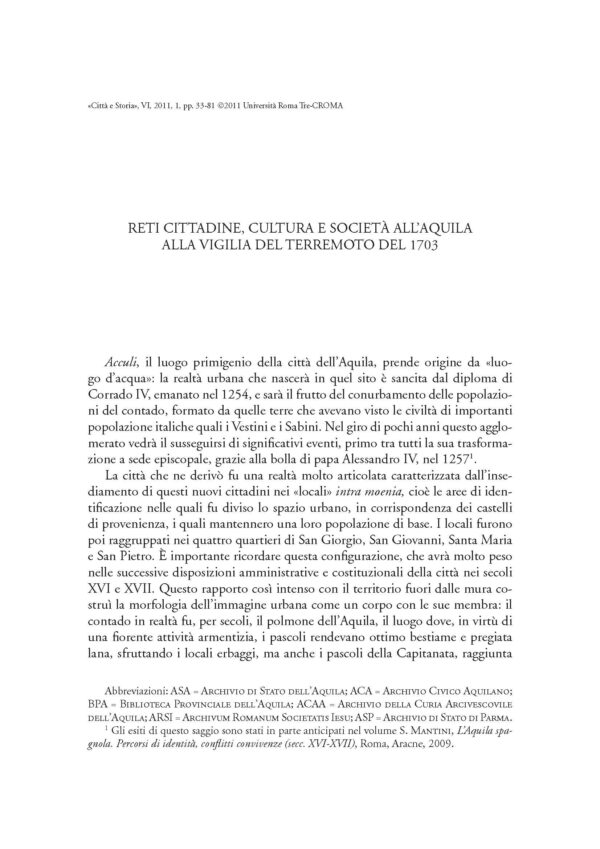 Reti cittadine, cultura e società all'Aquila alla vigilia del terremoto del 1703