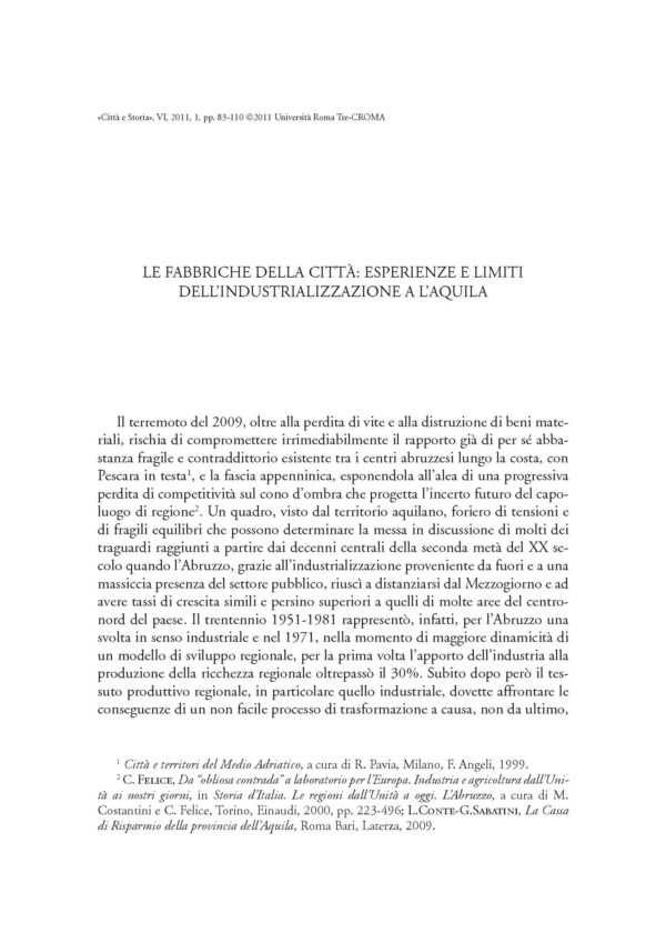 Le fabbriche della città: esperienze e limiti dell'industrializzazione a L'Aquila
