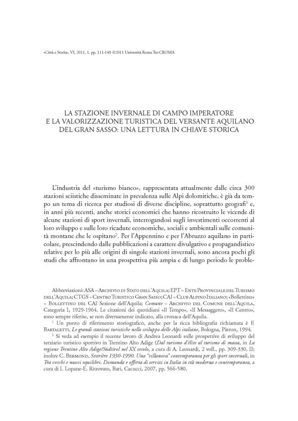 La stazione invernale di Campo Imperatore e la valorizzazione turistica del versante aquilano del Gran Sasso: una lettura in chiave storica