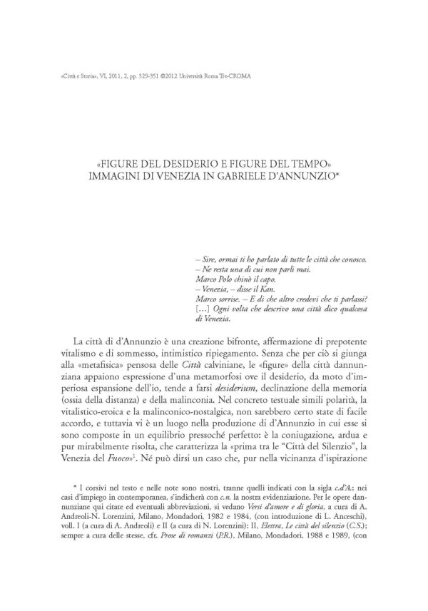 «Figure del desiderio e figure del tempo». Immagini di Venezia in Gabriele d'Annunzio
