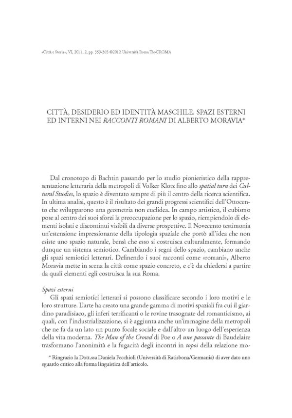 Città, desiderio ed identità maschile. Spazi esterni ed interni nei <i> Racconti romani</i> di Alberto Moravia