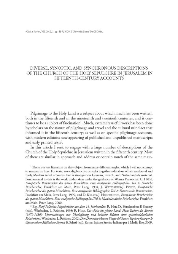 Diverse, Synoptic, and Synchronos Description of the Church of the Holy Sepulchre in Jerusalem in Fifteenth-Century Accounts