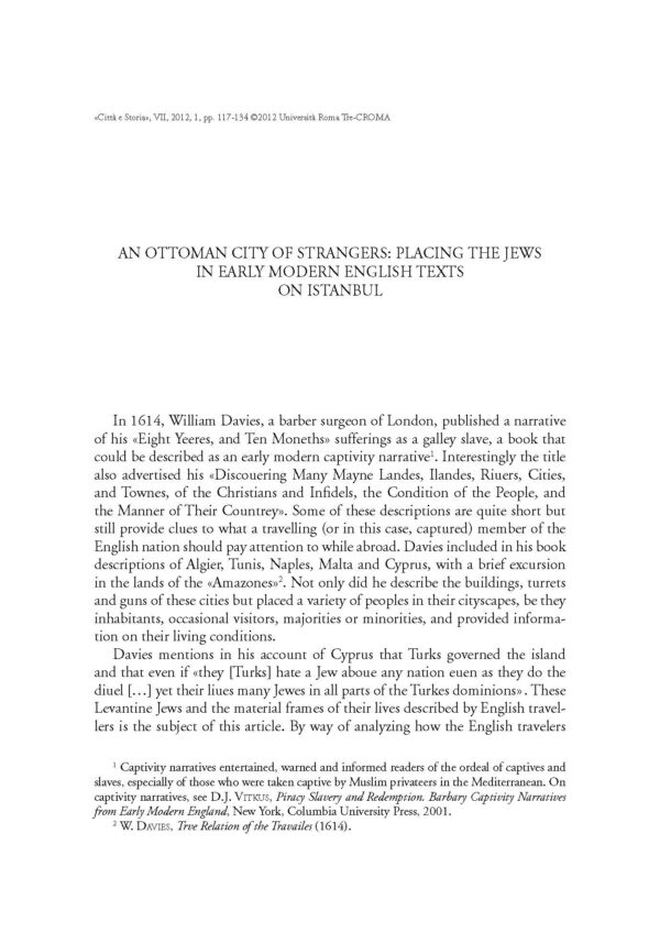 An Ottoman City of Strangers: Placing the Jews in Early Modern English Texts on Istanbul