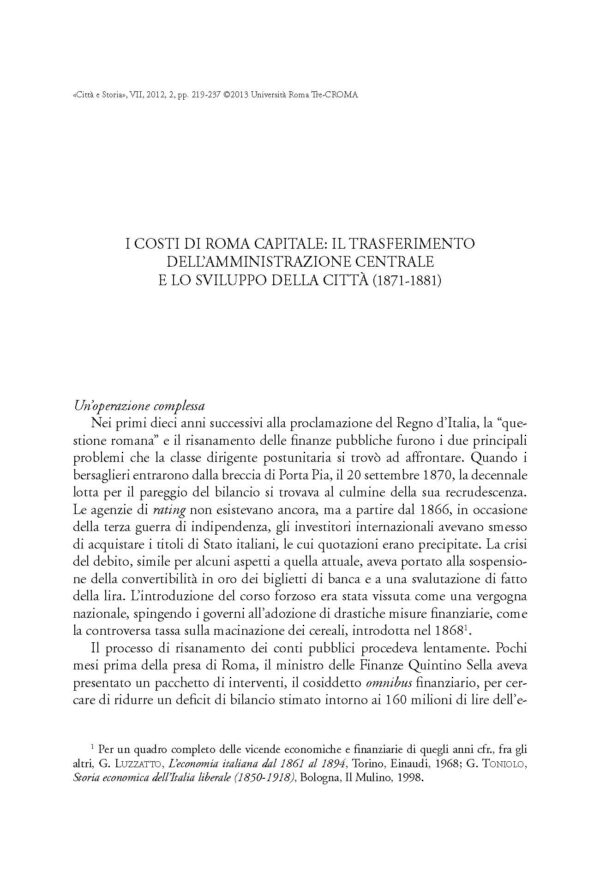 I costi di Roma capitale: il trasferimento dell'amministrazione centrale e lo sviluppo della città (1871-1881)