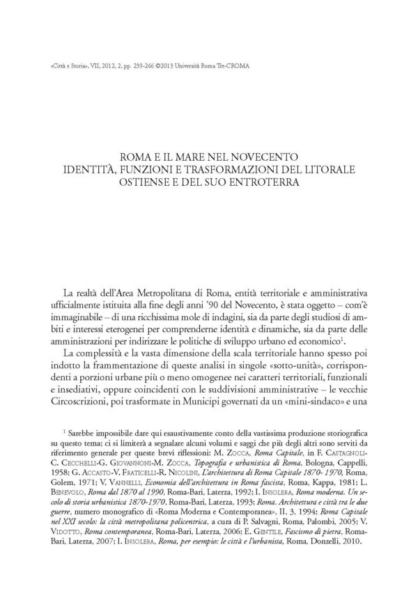 Roma e il mare nel Novecento: identità, funzioni e trasformazioni del litorale ostiense e del suo entroterra