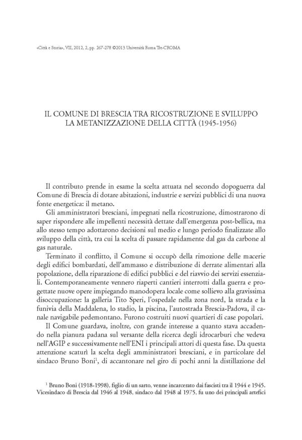 Il Comune di Brescia tra ricostruzione e sviluppo. La metanizzazione della città (1945-1956)