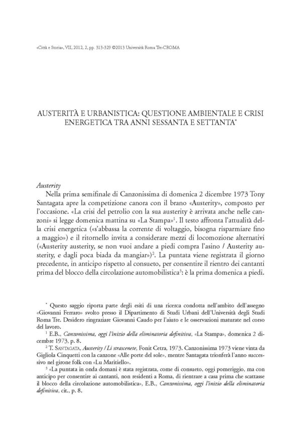 Austerità e urbanistica: questione ambientale e crisi energetica tra anni Sessanta e Settanta