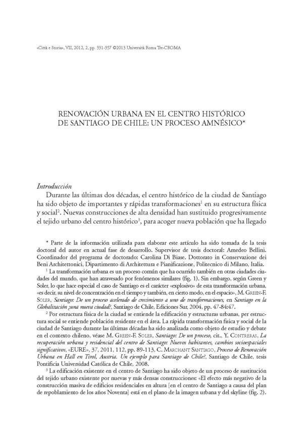 Renovación Urbana en el Centro Histórico de Santiago de Chile: un proceso amnésico