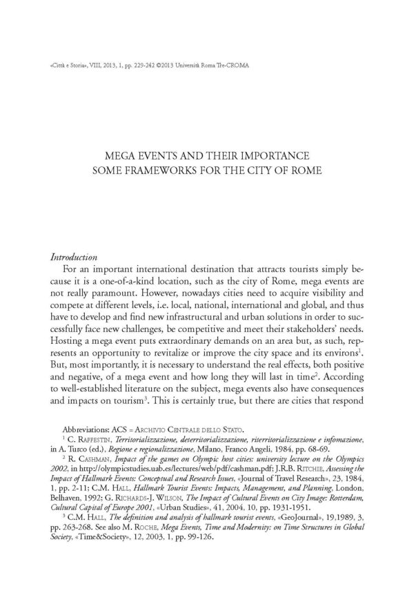 Mega Events and their Importance. Some Frameworks for the City of Rome