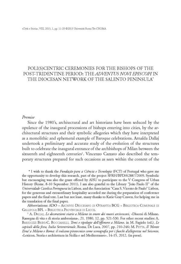 Poli(s)centric Ceremonies for the Bishops of the Post-Tridentine Period: the adventus novi episcopi in the Diocesan Network of the Salento Peninsula