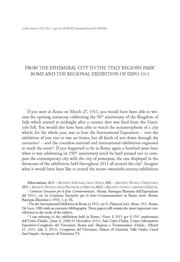 From the Ephemeral City to the 'Italy Regions Park': Rome and the Regional Exhibition of Expo 1911
