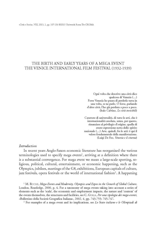 The Birth and Eearly Years of a Mega Event: The Venice International Film Festival, 1932-1939
