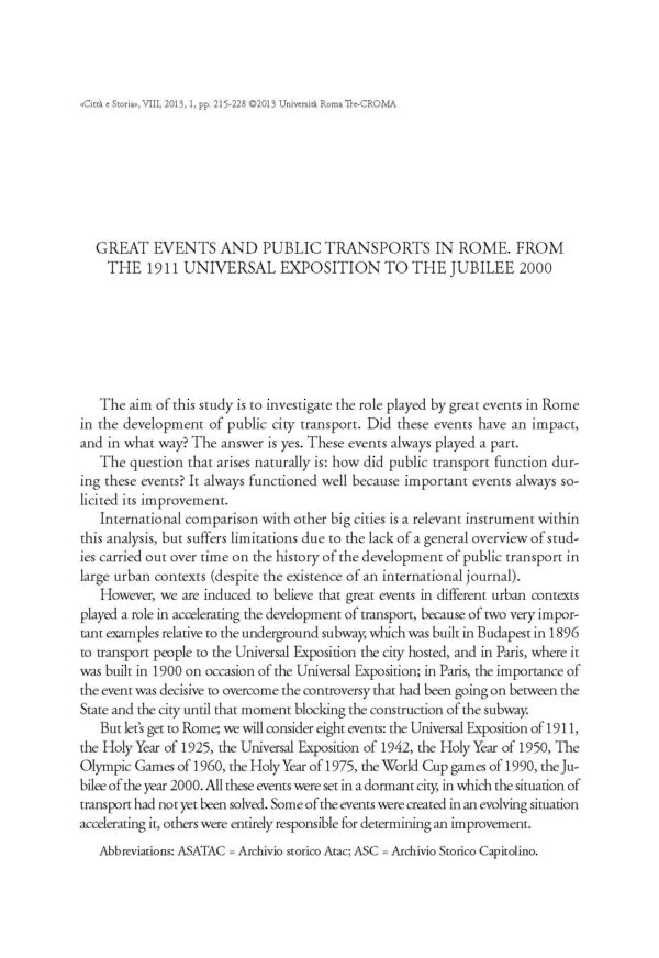 Great Events and Public Transports in Rome. From the 1911 Universal Exposition to the Jubilee 2000