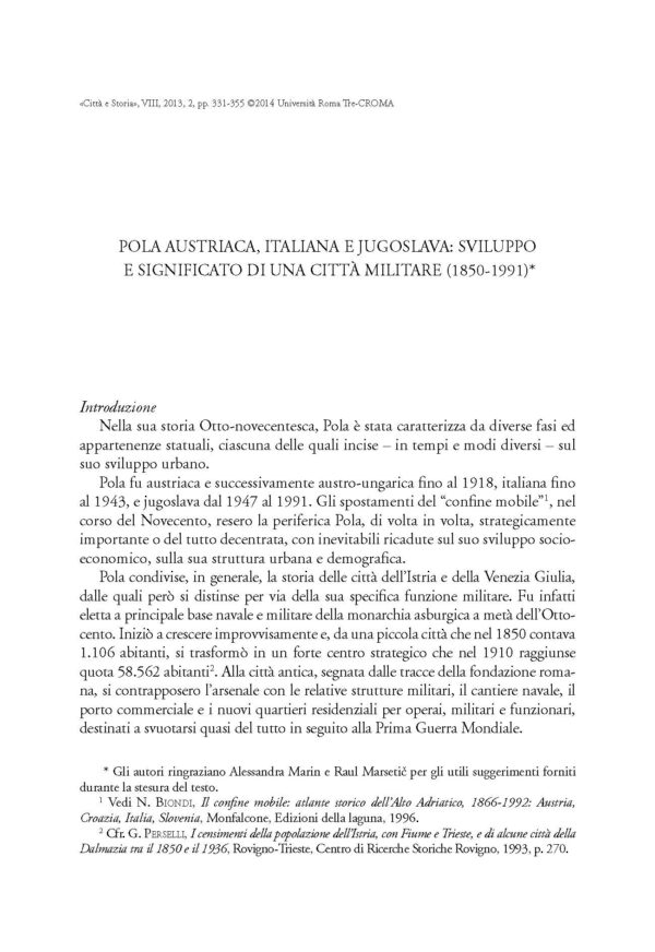 Pola austriaca, italiana e jugoslava: sviluppo e significato di una città militare (1850-1991)