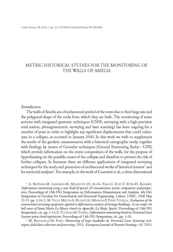 Metric-historical studies for the monitoring of the walls of Amelia