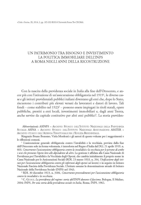 Un patrimonio tra bisogno e investimento. La politica immobiliare dell'INPS a Roma negli anni della ricostruzione