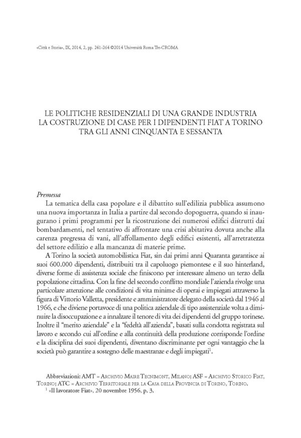 Le politiche residenziali di una grande industria: la costruzione di case per i dipendenti FIAT a Torino tra gli anni Cinquanta e Sessanta