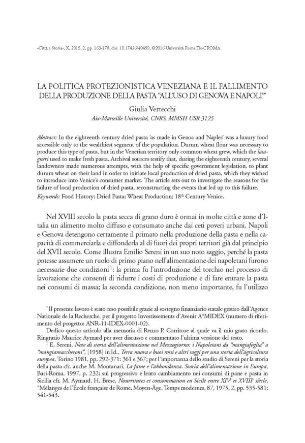 La politica protezionistica veneziana e il fallimento della produzione della pasta "all'uso di Genova e Napoli"
