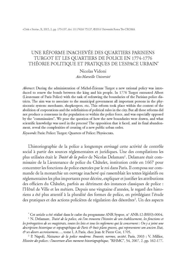Une réforme inachevée des quartiers parisiens : Turgot et les quartiers de police en 1774-1776. Théorie politique et pratiques de l'espace urbain
