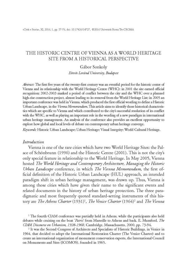 The Historic Centre of Vienna as a World Heritage Site from a Historical Perspective