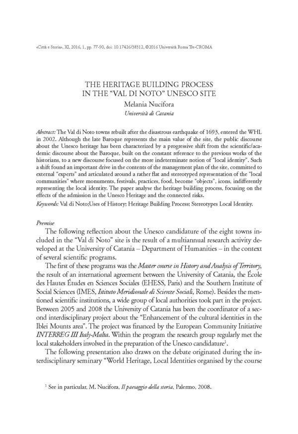 The Heritage Building Process in the "Val di Noto" Unesco Site