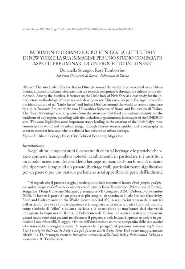 Patrimonio urbano e cibo etnico: la Little Italy di New York e la sua immagine per uno studio comparato. Aspetti preliminari di un progetto in itinere
