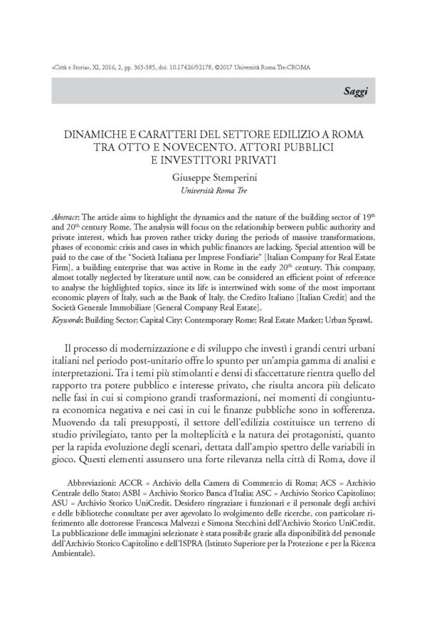 Dinamiche e caratteri del settore edilizio a Roma tra Otto e Novecento. Attori pubblici e investitori privati