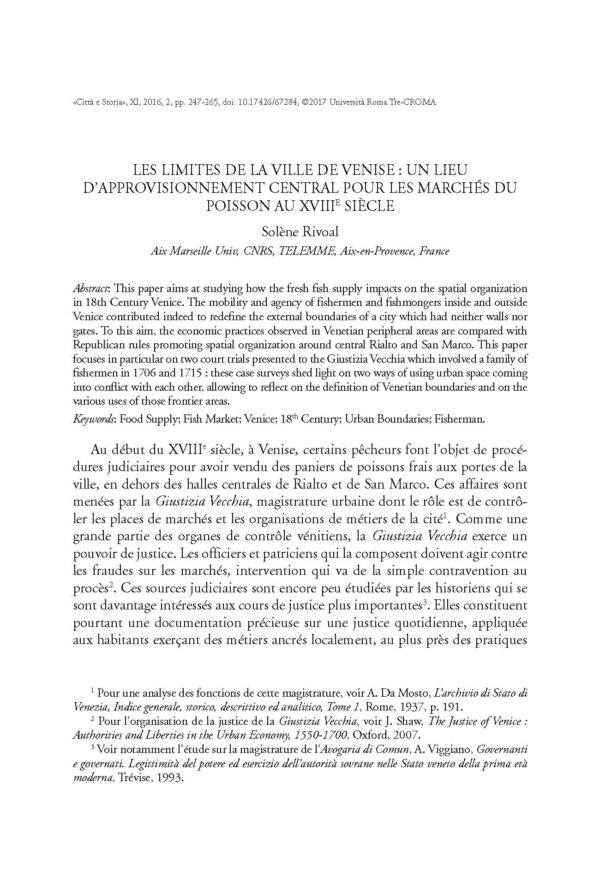 Les limites de la ville de Venise : un lieu
d’approvisionnement central pour les marchés du
poisson au XVIIIe siècle