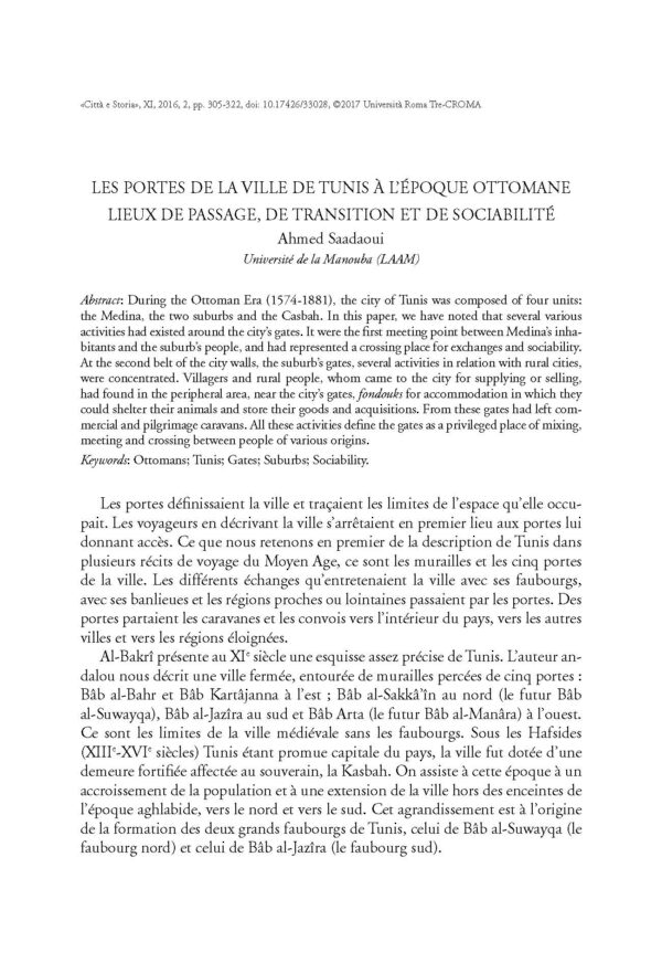 Les portes de la ville de Tunis à l’époque ottomane : 
lieux de passage, de transition et de sociabilité