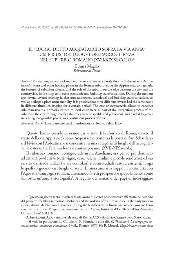 Il "luogo detto Acquataccio sopra la Via Appia". Usi e riusi dei luoghi dell'accoglienza nel suburbio romano (XVII-XIX secolo)
