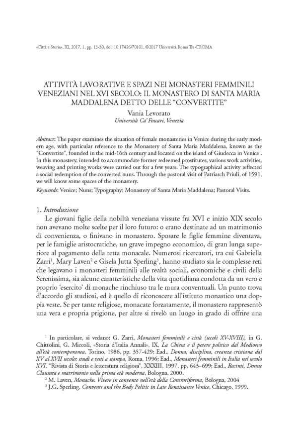 Attività lavorative e spazi nei monasteri femminili veneziani del XVI secolo: il monastero di Santa Maria Maddalena detto delle "Convertite"