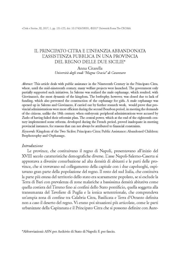Il principato Citra e l'infanzia abbandonata. L'assistenza pubblica in una provincia del regno delle Due Sicilie