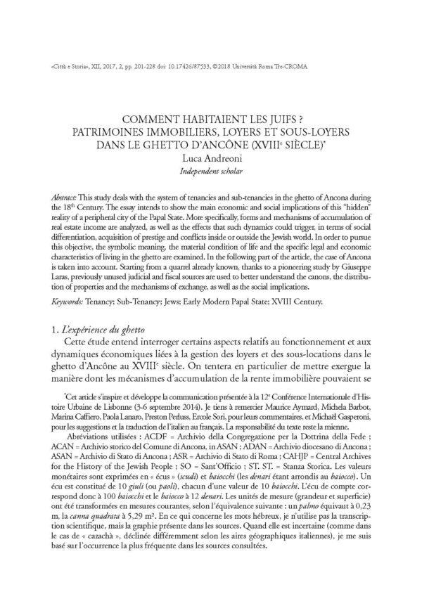 Comment habitaient les Juifs ? Patrimoines immobiliers, loyers et
sous-loyers dans le ghetto d’Ancône (XVIIIe siècle)