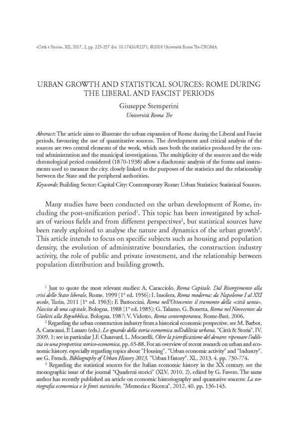 Urban Growth and Statistical Sources: Rome During the
Liberal and Fascist Periods