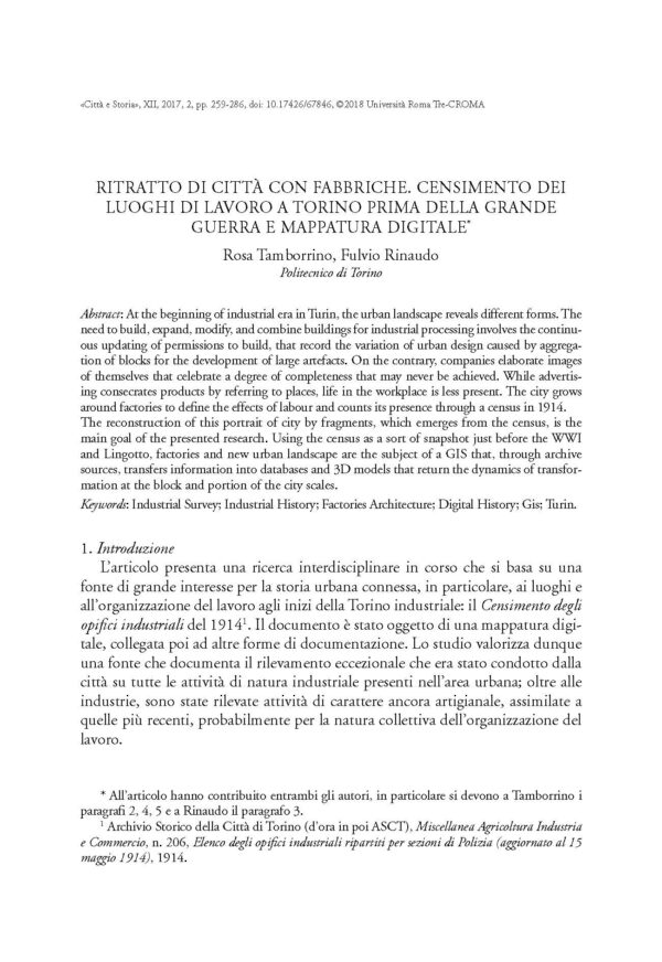 Ritratto di città con fabbriche. Censimento dei luoghi
di lavoro a Torino prima della Grande Guerra e mappatura digitale