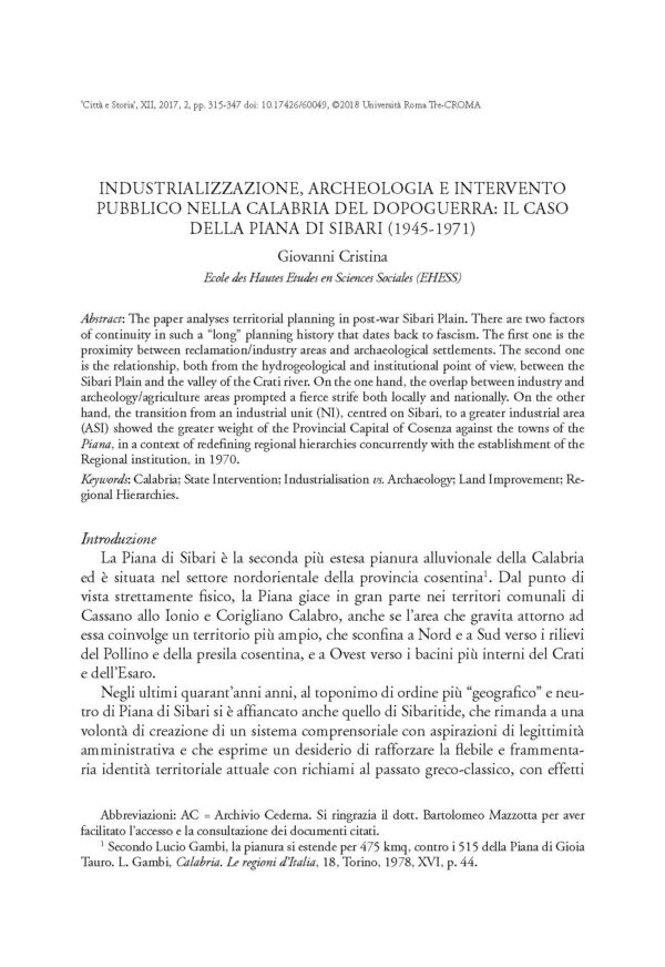 Industrializzazione, archeologia e intervento pubblico nella Calabria
del dopoguerra: il caso della Piana di Sibari (1945-1971)