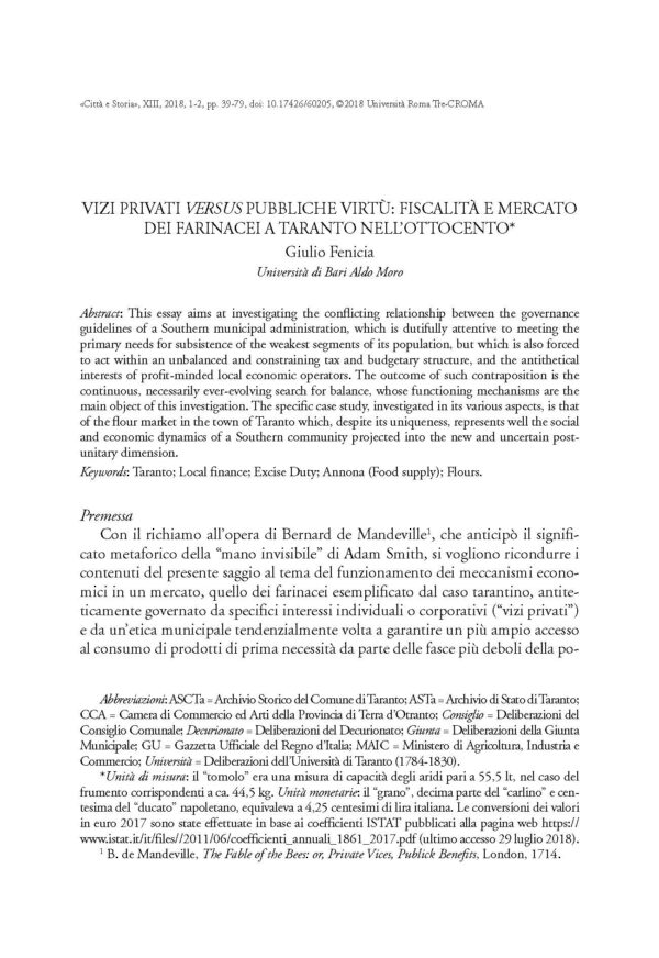 Vizi privati versus pubbliche virtù: fiscalità e mercato dei farinacei a Taranto nell’Ottocento
