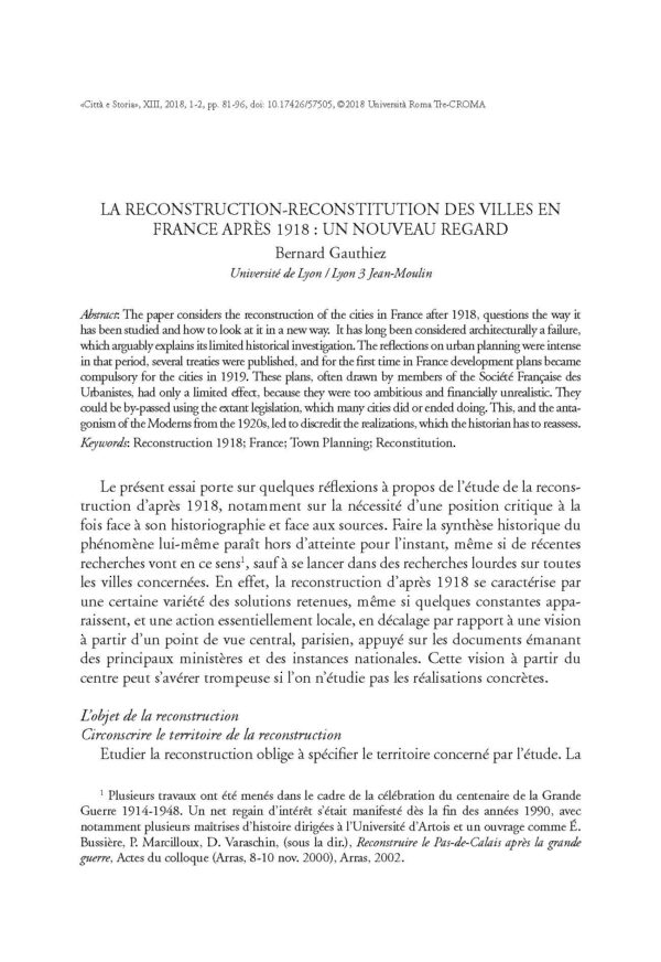 La reconstruction-reconstitution des villes en France après 1918:un nouveau regard