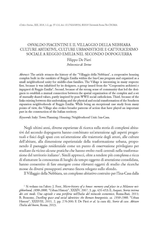 Osvaldo Piacentini e il Villaggio della Nebbiara. Culture abitative, culture urbanistiche e cattolicesimo sociale a Reggio Emilia nel secondo dopoguerra