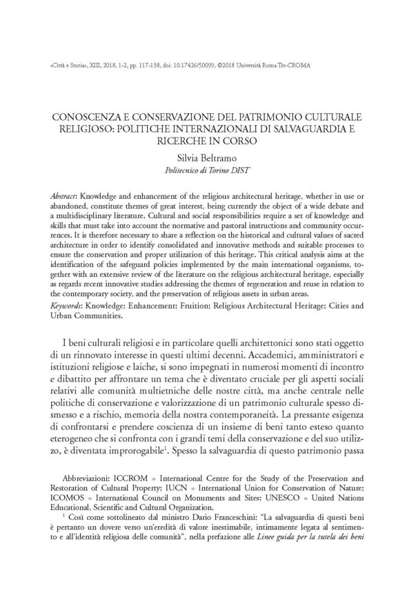 Conoscenza e conservazione del patrimonio culturale religioso:politiche internazionali di salvaguardia e ricerche in corso