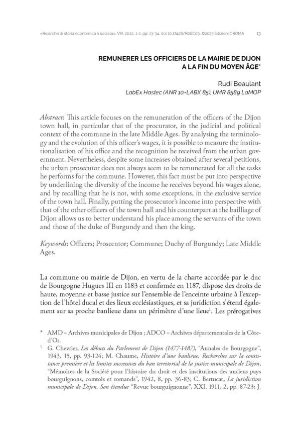 Remunerer Les Officiers de la Mairie de Dijon a la Fin du Moyen Âge