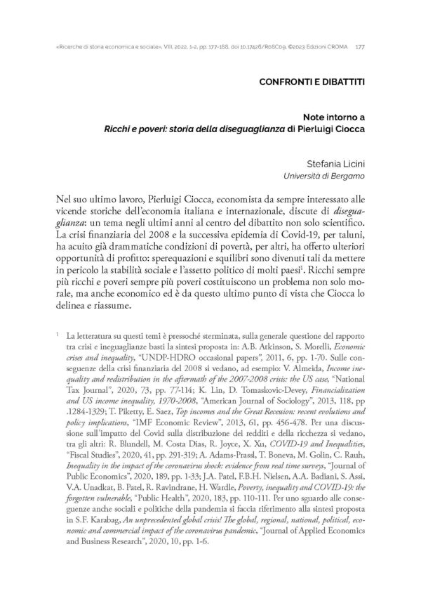 Note intorno a Ricchi e poveri: storia della diseguaglianza di Pierluigi Ciocca