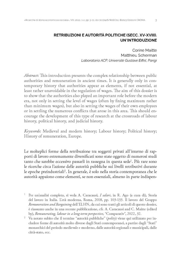 Retribuzioni e Autorità Politiche (Secc. XV-XVIII). Un'introduzione